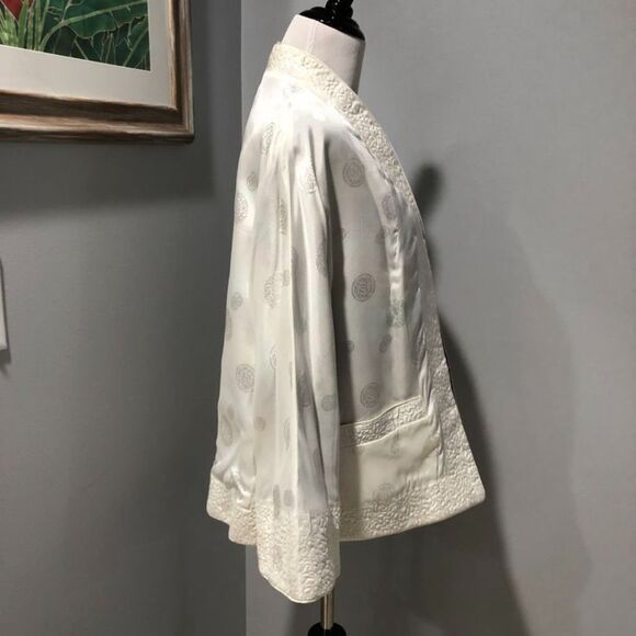 Vintage Silk Blue Ivory Embroidered Kimono Reversible Floral Jacket Large - Picture 8 of 13